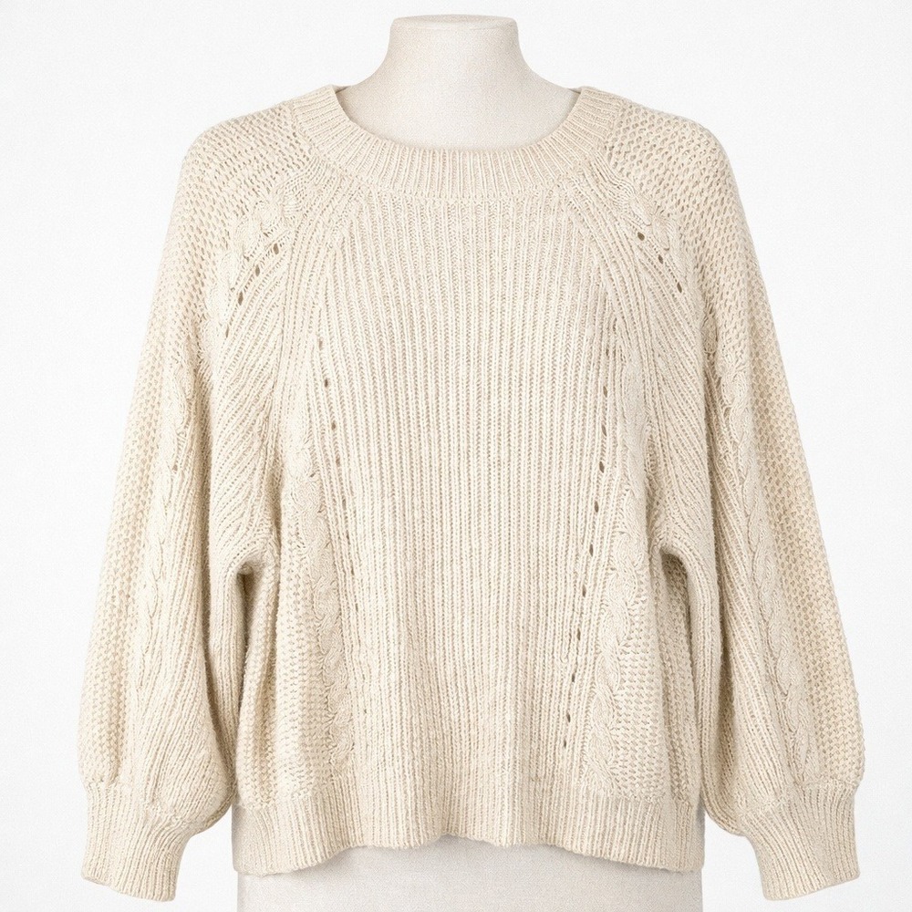 American Eagle Fisherman Cable Knit Sweater Size L Cream‎ Preppy Crewneck Chunky